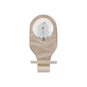 Beige drainable ostomy pouch with adhesive barrier on white background