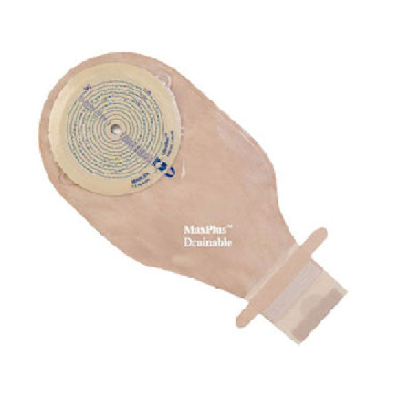 Drainable beige ostomy bag with adhesive barrier and closure, MaxPlus brand.