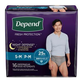 Depend Night Defense adult underwear S-M pack, showing man modeling absorbent incontinence underwear.