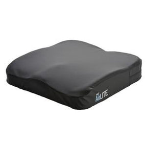 Ergonomic black wheelchair cushion with contoured design for pressure relief and comfort
