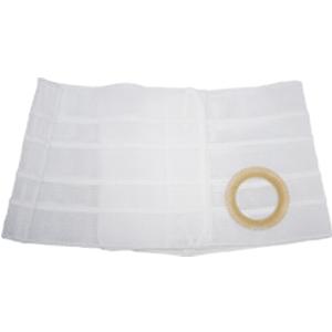 White ostomy support belt with beige stoma ring for medical supplies