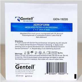 Gentell Xeroform medicated petrolatum dressing 2x2 sterile wound care gauze pad packaging