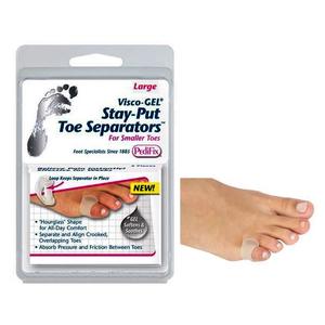 Visco-GEL toe separators packaging with example of toe separator on foot, foot care product