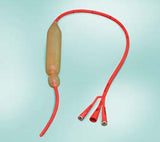 Silicone three-way Foley catheter with inflation balloon on light background