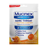 Mucinex InstaSoothe sore throat lozenges honey echinacea flavor, 40 medicated drops, 3-in-1 formula.