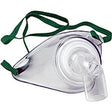 Clear oxygen mask with green elastic strap for respiratory therapy or medical use