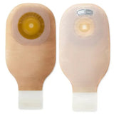 Ostomy bags for medical use, showing front and back with adhesive and filter details