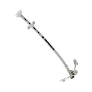Medical tracheostomy tube with curved clear tubing and adjustable securement, isolated on white