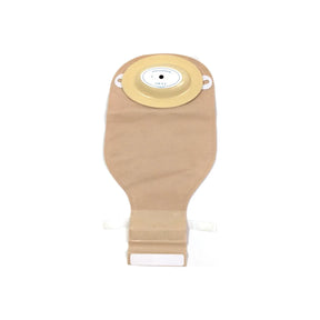 Beige ostomy pouch with adhesive barrier for medical stoma care on white background