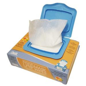 Open pack of CPAP mask wipes with a wipe partially pulled out, blue lid, for medical use