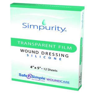 Simpurity transparent film silicone wound dressing box, 4x5 inches, 12 sheets