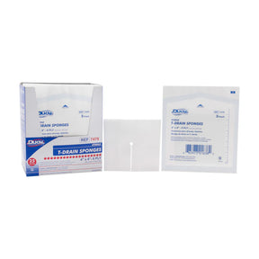 Sterile T-drain sponges for medical wound care, 4x4 inches, box and individual packs shown