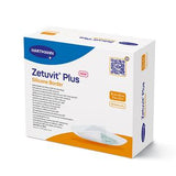 Hartmann Zetuvit Plus Silicone Border wound dressing box, 10 sterile pads, white background