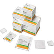 Assorted sterile gauze pads and medical supply boxes for wound care and dressing changes.