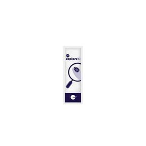Medical supply packaging with magnifying glass graphic and 'explore' text on white background.