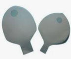 Two ostomy pouches with flat adhesive barriers on a white background, medical supplies