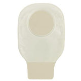 Transparent ostomy pouch with adhesive barrier, used for stoma care and medical supply needs