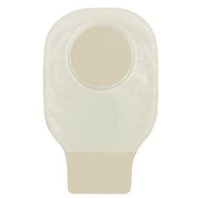 Transparent ostomy pouch with adhesive barrier, used for stoma care and medical supply needs