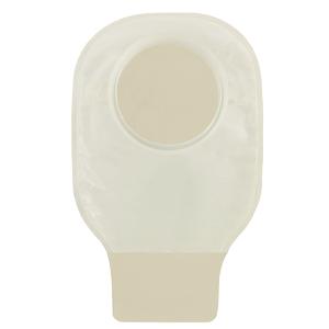 Transparent ostomy pouch with adhesive barrier, used for stoma care and medical supply needs