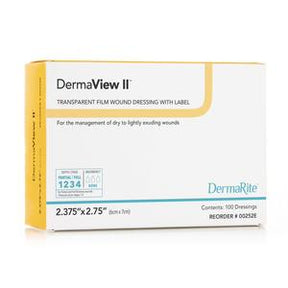 DermaView II transparent film wound dressing box for wound care, 2.375 x 2.75 inches, 100 count