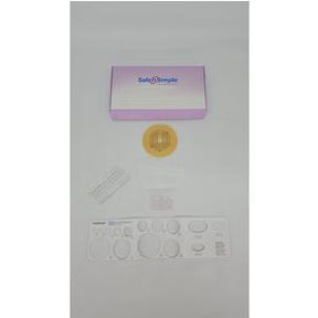 Ostomy care kit with stoma barrier, measuring guide, and accessories on white background