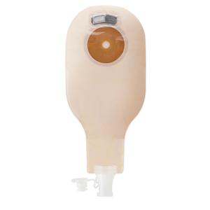 Drainable beige ostomy bag with filter and visible opening, medical supply product.