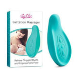 Teal lactation massager device beside box featuring mother and baby, used for milk flow support.