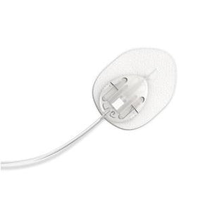 Medical infusion set with adhesive patch and tubing on white background