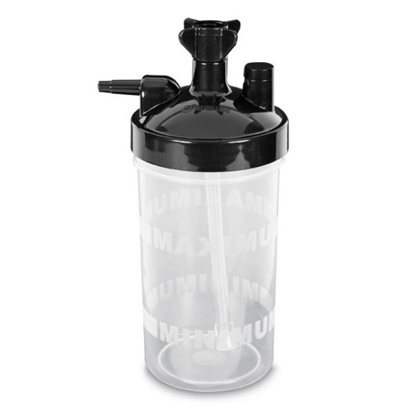 Clear plastic bubble humidifier bottle with black lid for oxygen therapy