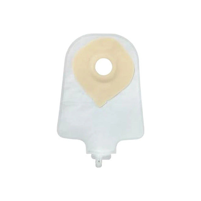 Transparent ostomy pouch with adhesive barrier and drainable valve on white background