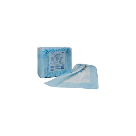 Package of blue disposable underpads for medical or incontinence use on a white background