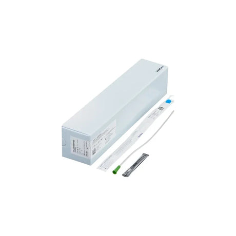 Sterile intermittent catheter kit with packaging and medical supplies on white background
