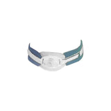 Blue and white medical tracheostomy tube holder with adjustable strap on white background
