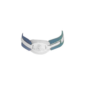 Blue and white medical tracheostomy tube holder with adjustable strap on white background
