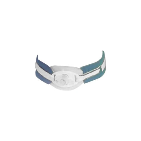 Blue and white medical tracheostomy tube holder with adjustable strap on white background