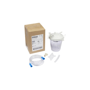 Medical suction canister kit with tubing, box packaging, and accessories on white background