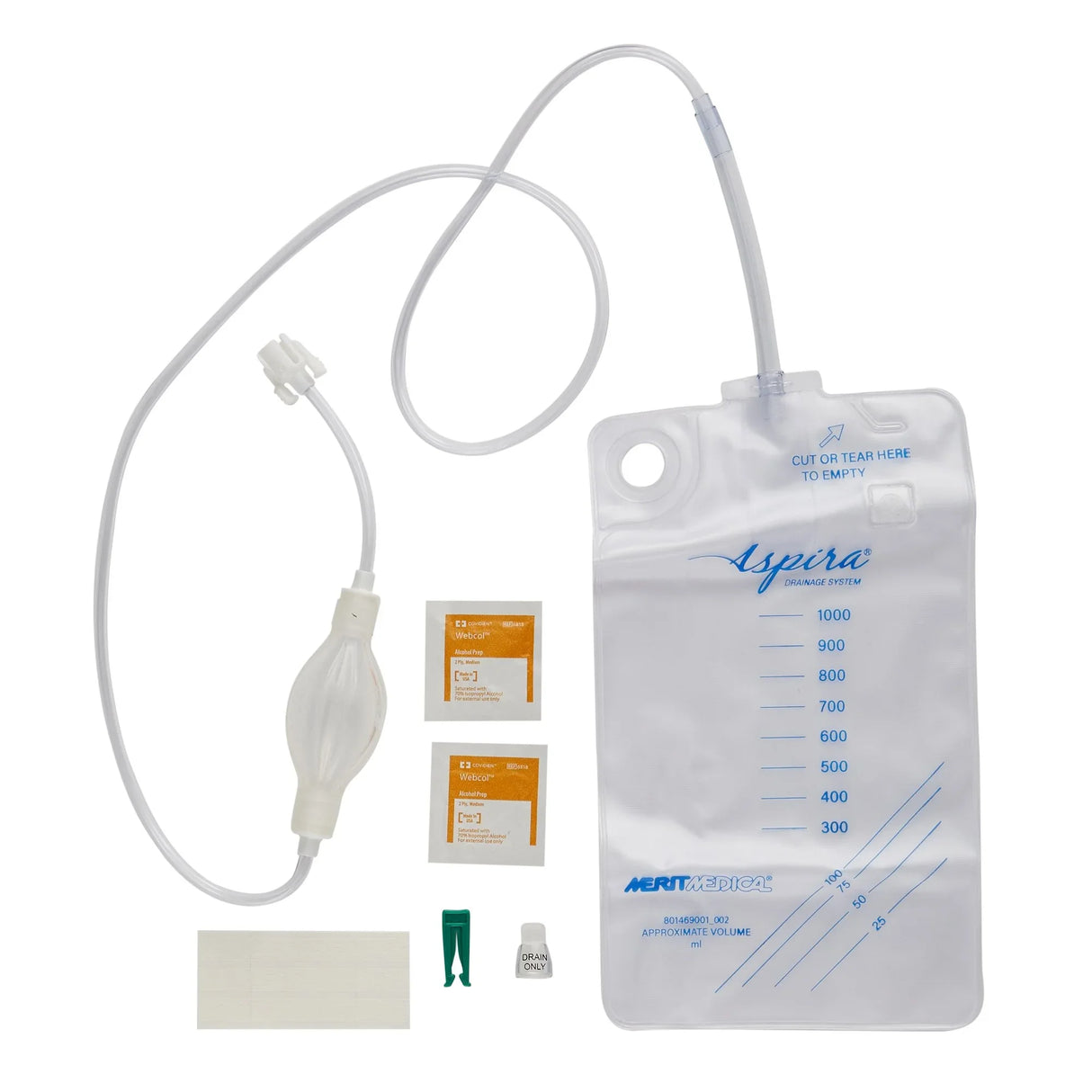 Aspira drainage system kit with drainage bag, tubing, pump, wipes, and caps for home medical use