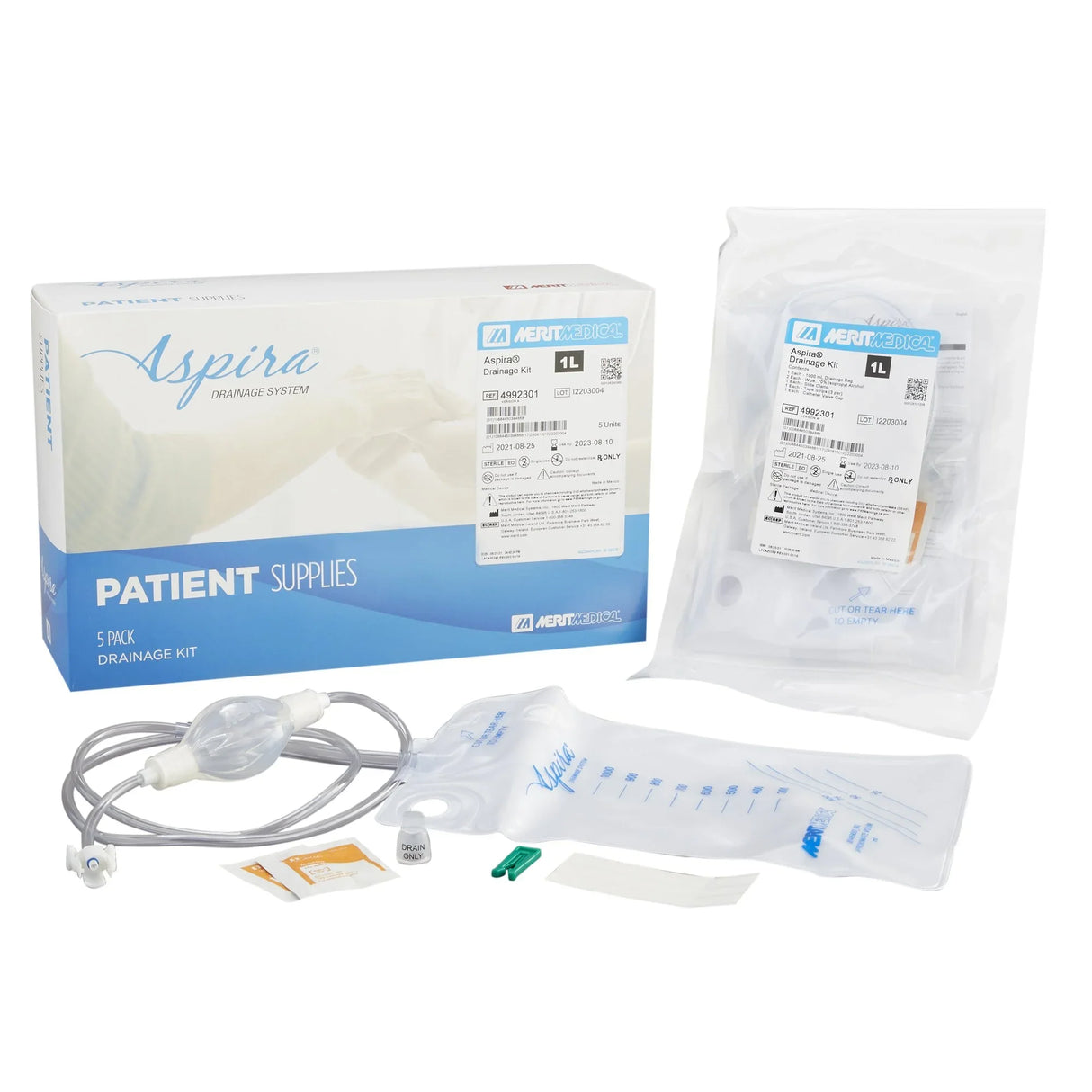 Aspira drainage kit with supplies including tubing, drainage bag, and sterile packaging