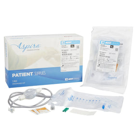 Aspira drainage kit with supplies including tubing, drainage bag, and sterile packaging