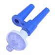 Blue plastic medical fluid transfer adapter with filter for home medical supplies