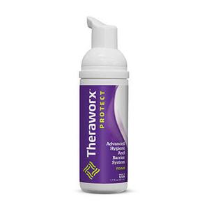 Theraworx Protect foam bottle for advanced hygiene and barrier system, white background