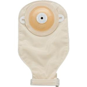 Beige ostomy pouch with adhesive barrier and drainable closure, medical supply product