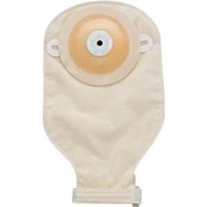 Beige ostomy pouch with adhesive barrier and drainable closure, medical supply product