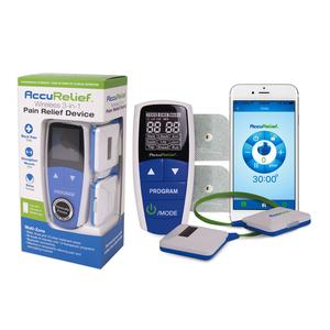 Wireless pain relief device kit with digital display, mobile app, and electrode pads