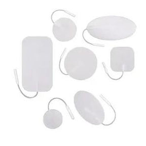 Assorted electrode pads for TENS unit, various shapes and sizes on white background