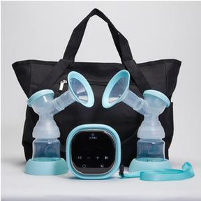 Double electric breast pump kit with blue accents and black carrying bag