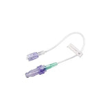 IV extension set with clear tubing and purple connectors for medical use