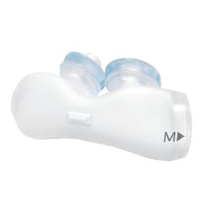 White medical device with two clear silicone nasal pillows, medium size, on white background