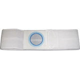 White ostomy belt with adjustable strap and blue ring for medical use