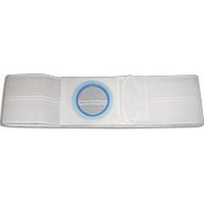 White ostomy belt with adjustable strap and blue ring for medical use